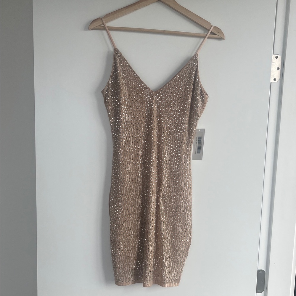 Nude Beaded Spaghetti-Strap Mini Dress